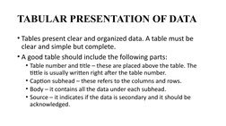 TABULAR PRESENTATION OF DATA
• Tables present clear and organized data. A table must be 
clear and simple but complete.
• A g