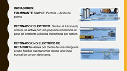 INICIADORES: 
FULMINANTE SIMPLE: Pentrita – Azida de 
plomo
DETONADOR ELECTRICO: Similar al fulminante 
común, se activa por