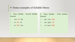 Some examples of Syllable Stress 
5.  Three Syllable - Second Syllable 
Stressed 

con - SI - der 

in - He - rit 

in -