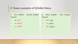 Some examples of Syllable Stress 
3.  Two Syllable - Second Syllable 
Stressed 

en - JOY 

a - HEAD 

a - LLOW 
4.  Thre