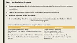 Reservoir simulation elements
1)
Geological description: The description of geological properties of a reservoir (lithology,