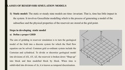 CLASSES OF RESERVOIR SIMULATION MODELS
1) Static model: The static or steady state models are time- invariant. That is, time