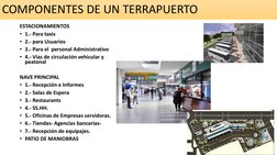 COMPONENTES DE UN TERRAPUERTO
ESTACIONAMIENTOS
• 1.- Para taxis
• 2.- para Usuarios
• 3.- Para el  personal Administrativo
•