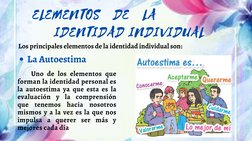 ELEMENTOS   DE   LA 
            IDENTIDAD INDIVIDUAL
    Uno de los elementos que
forman la identidad personal es
la autoest