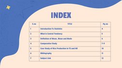 INDEX
S.no
TITLE
Pg.no
1
Introduction To Statistics
4
2
What is Central Tendency
5
3
Definition of Mean, Mean and Mode
6
4
Co