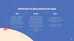 The median is the middle 
number in a data set. To find 
the median, list your data 
points in ascending order and 
then find