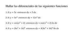 Hallar las diferenciales de las siguientes funciones
1. 𝑆𝑖𝑦= 5𝑥𝑒𝑛𝑡𝑜𝑛𝑐𝑒𝑠𝑑𝑦= 5 𝑑𝑥
2. 𝑆𝑖𝑦= 3𝑥4 𝑒𝑛𝑡𝑜𝑛𝑐?