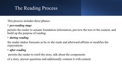 The Reading Process
This process includes three phases:
• pre-reading stage
permits the reader to actuate foundation informat
