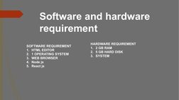 Software and hardware 
requirement
SOFTWARE REQUIREMENT
1. HTML EDITOR
2. 1 OPERATING SYSTEM
3. WEB BROWSER
4. Node js
5. Rea