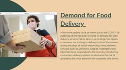Demand for Food
Delivery 
With more people stuck at home due to the COVID-19
outbreak, there has been a surge in demand for f