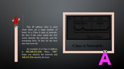 This IP address class is used 
when there are a large number of 
hosts. In a Class A type of network, 
the first 8 bits (also