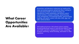 What Career 
Opportunities 
Are Available?
Researchers and laboratory technicians are employed by 
many government agencies a