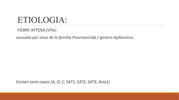 ETIOLOGIA: 
 FIEBRE AFTOSA (VFA): 
causada por virus de la familia Picornavirida / genero Aphtovirus.
Existen siete cepas (A,