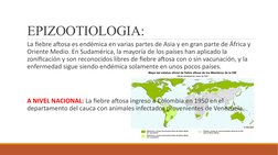 EPIZOOTIOLOGIA:
 La fiebre aftosa es endémica en varias partes de Asia y en gran parte de África y 
Oriente Medio. En Sudamér