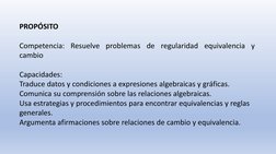 PROPÓSITO
Competencia: Resuelve problemas de regularidad equivalencia y
cambio
Capacidades:
Traduce datos y condiciones a exp