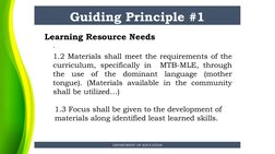 Guiding Principle #1
DEPARTMENT OF EDUCATION
 Learning Resource Needs 
.
1.2 Materials shall meet the requirements of the 
cu