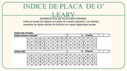 INDICE DE PLACA  DE O’ 
LEARY
INDICE DE PLACA  DE O’ 
LEARY
DIAGNOSTICO DE PLACA BACTERIANA
Indica el grado de higiene por pa