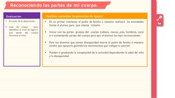 In
Reconociendo las partes de mi cuerpo.
•
En un primer momento el padre de familia o maestro realizará las actividades
frent