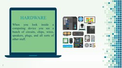 HARDWARE
When 
you 
look 
inside 
a 
computing device you see a 
bunch of circuits, chips, wires, 
speakers, plugs, an