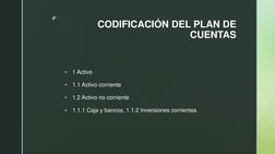 z 
 
CODIFICACIÓN DEL PLAN DE 
CUENTAS 

1 Activo 

1.1 Activo corriente 

1.2 Activo no corriente 

1.1.1 Caja y bancos,