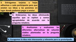 3.
Entregamos
tarjetas
u
hojas
adhesivas a cada participante para que
anoten sus ideas y las ponemos en
lugar donde podamos p