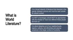 What is 
World 
Literature?
It is a broad network of literature that interacts in the 
spaces between cultures and must be re
