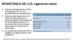 BIOMECÁNICA DEL LCA: Ligamento nativo
1. El grosor del ligamento es DP a 
sus resistencia e IP a sus 
posibilidades de alarga