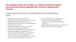 Para organizar todas essas funções, as empresas costumam mapear 
processos para produzir organogramas, manuais e regulamentos