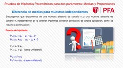 Diferencia de medias para muestras independientes
Supongamos que disponemos de una muestra aleatoria de tamaño n1 y una muest