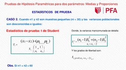 ESTADÍSTICOS DE PRUEBA
CASO 2. Cuando n1 y n2 son muestras pequeñas (ni < 30) y las varianzas poblacionales  
son desconocida