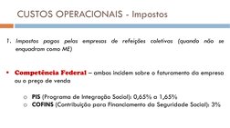 CUSTOS OPERACIONAIS - Impostos
1. Impostos pagos pelas empresas de refeições coletivas (quando não se
enquadram como ME)
§
Co