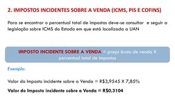 2. IMPOSTOS INCIDENTES SOBRE A VENDA (ICMS, PIS E COFINS)
Para se encontrar o percentual total de impostos deve-se consultar