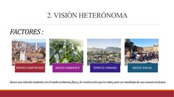 2. VISIÓN HETERÓNOMA
MEDIO CONSTRUIDO
MEDIO AMBIENTE
ESPACIO URBANO
MEDIO SOCIAL 
FACTORES :
Busca una relación existente con