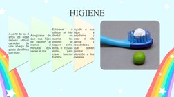 HIGIENE
A partir de los 3 
años de edad 
deberá utilizar 
cantidad 
de 
una alverja de 
pasta dentífrica 
con flúor.
A partir