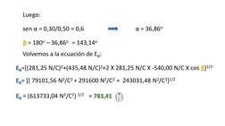 sen α = 0,30/0,50 = 0,6
Luego:
α = 36,86o
β = 180o – 36,86o = 143,14o
Volvemos a la ecuación de ER:
ER=[(281,25 N/C)2+(435,48