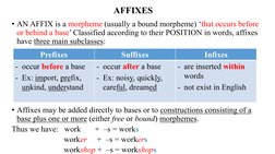AFFIXES 
• AN AFFIX is a morpheme (usually a bound morpheme) ‘that occurs before 
or behind a base’ Classified according to t