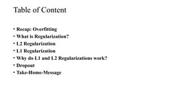 Table of Content
• Recap: Overfitting
• What is Regularization?
• L2 Regularization
• L1 Regularization
• Why do L1 and L2 Re