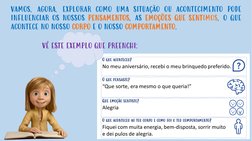 VAMOS, AGORA, EXPLORAR COMO UMA SITUAÇÃO OU ACONTECIMENTO PODE
INFLUENCIAR OS NOSSOS PENSAMENTOS, AS EMOÇÕES QUE SENTIMOS, O
