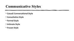 Communicative Styles 
• Casual/ Conversational Style
• Consultative Style
• Formal Style
• Intimate Style
• Frozen Style
