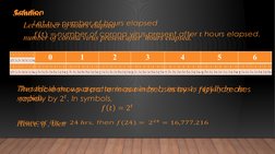 Solution 
Let number of hours elapsed
number of corona virus present after  hours elapsed.
 
0
1
2
3
4
5
6
0
1
2
3
4
5
6
The