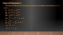 Laws of Exponents
For any numbers a and b, and any nonzero real numbers m and n, 
i.  
ii. 
iii. 
iv. 
v.  
vi. 
vii. 
 

