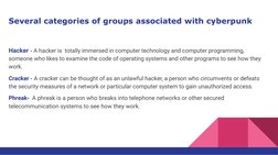 Several categories of groups associated with cyberpunk
Hacker - A hacker is  totally immersed in computer technology and comp