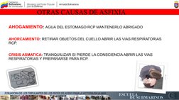 OTRAS CAUSAS DE ASFIXIA
AHOGAMIENTO: AGUA DEL ESTOMAGO RCP MANTENERLO ABRIGADO
AHORCAMIENTO: RETIRAR OBJETOS DEL CUELLO ABRIR