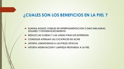 ¿CUALES SON LOS BENEFICIOS EN LA PIEL ?
ELIMINA SIGNOS VISIBLES DE HIPERPIGMENTACION COMO MELASMAS 
SOLARES Y FOTOENVEJECIMI