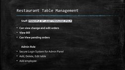 Restaurant Table Management
Staff (PRINCIPLE OF LEAST PRIVILEGE (POLP)
▪Can view change and edit orders
▪View Bill
▪Can View
