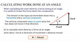 CALCULATING WORK DONE AT AN ANGLE
When calculating the work done by a force acting at an angle, 
it is useful to break the fo
