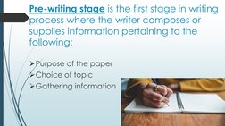 Pre-writing stage is the first stage in writing 
process where the writer composes or 
supplies information pertaining to the