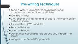 Pre-writing Techniques
Keep a writer’s journal by recording personal 
experiences, perceptions, and ideas.
Do free writing.