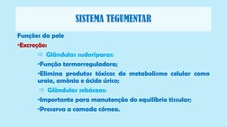 SISTEMA TEGUMENTAR
Funções da pele
•Excreção:
Glândulas sudoríparas:
•Função termorreguladora;
•Elimina produtos tóxicos do