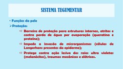 SISTEMA TEGUMENTAR
• Funções da pele
Proteção:
Barreira de proteção para estruturas internas, atritos e
contra perda de águ